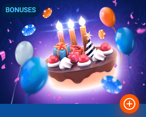 Promo banner of the casino with cake, candles, balls, chips and text 'Bonuses'