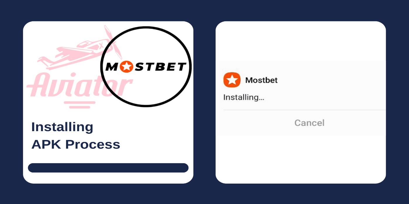 A picture of an installing process and a logo of Mostbet casino

