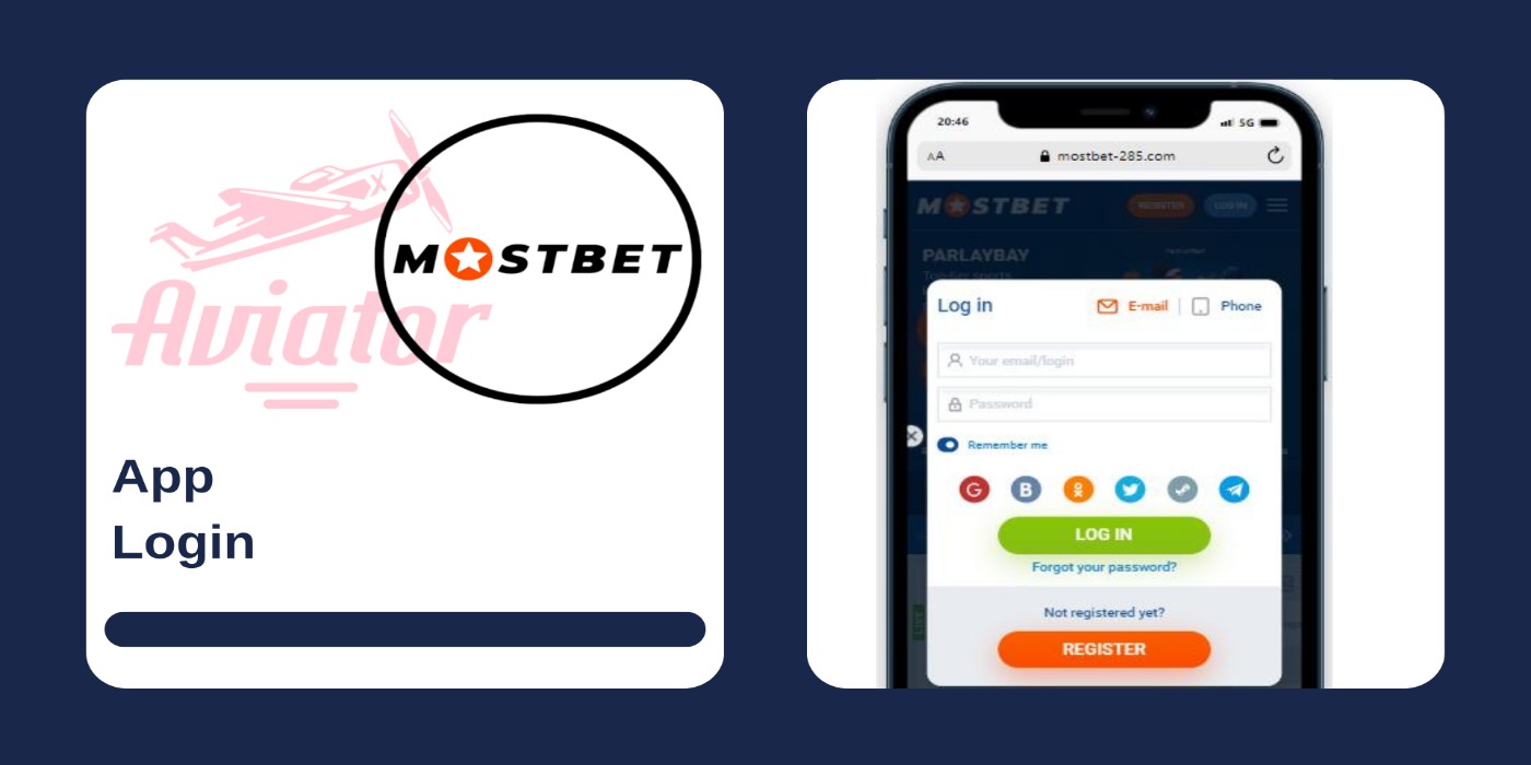 A smartphone showing login panel on the Mostbet site, and Aviator game logo