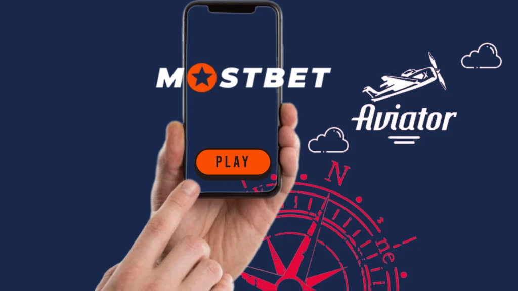 Logos of the Aviator game and Mostbet casino, and a hand holding smartphone