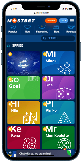 A smartphone showing games titles from Spribe developer on the 1Win casino site