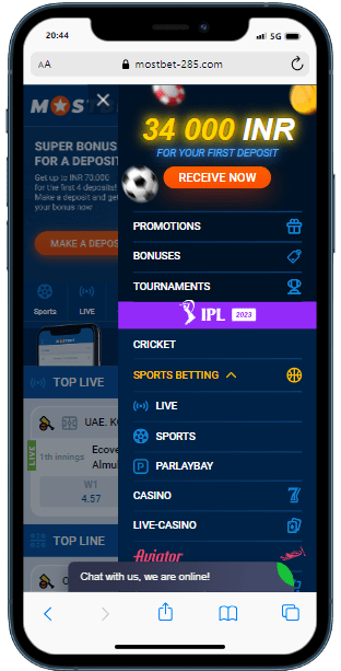 A smartphone displaying burger menu of the Mostbet casino website