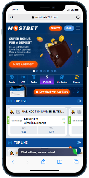A smartphone displaying home page of the Mostbet casino