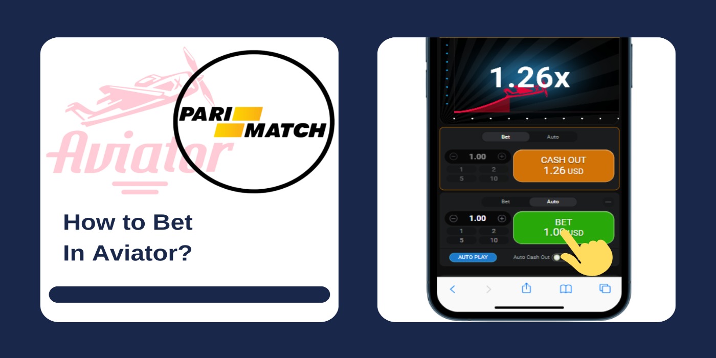 A smartphone showing Aviator game interface with betting options, and Parimatch logo