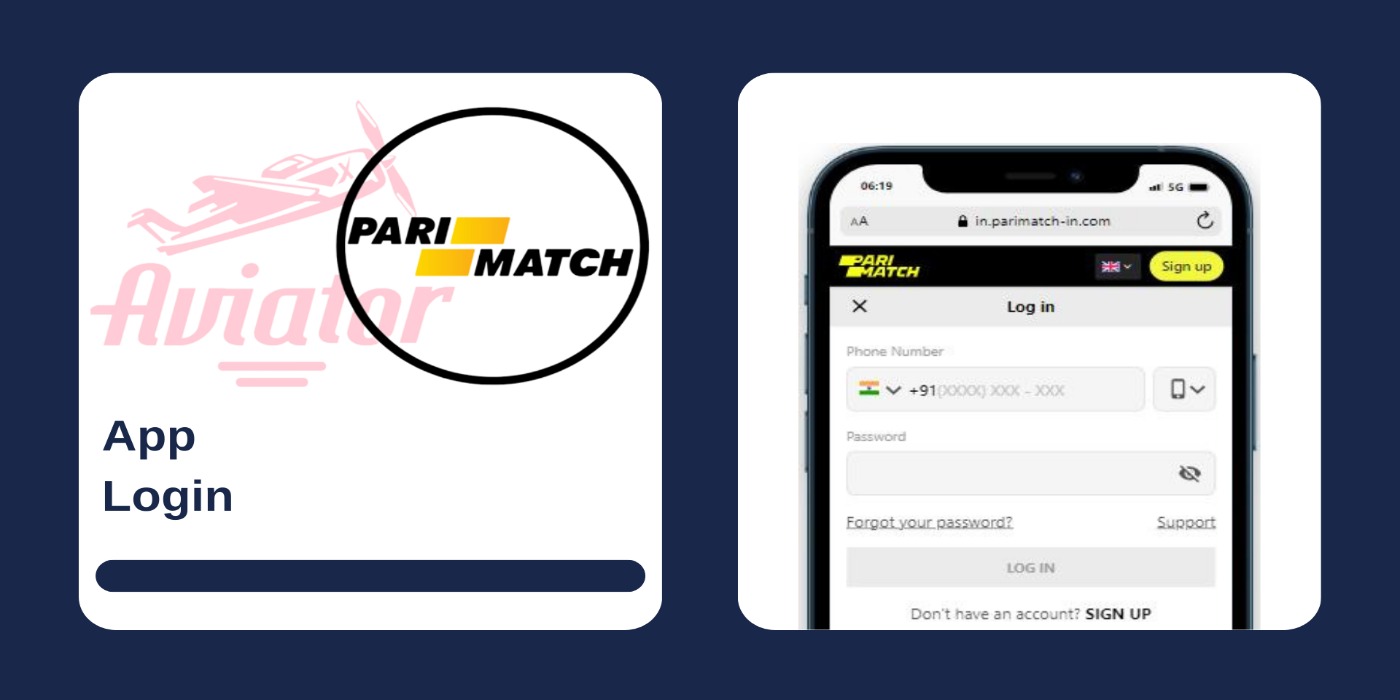A smartphone showing login panel of the Parimatch casino, and Aviator game logo