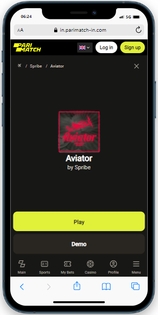 A smartphone showing Aviator game page on the Parimatch site with buttons Play and Demo