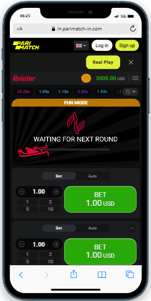 A smartphone showing the Aviator demo mode in Parimatch casino