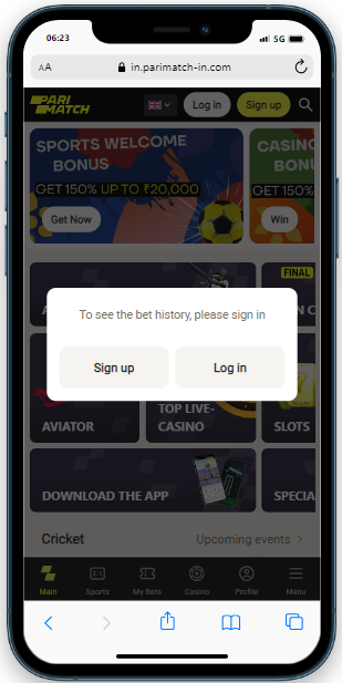 A smartphone displaying Parimatch casino site with popup window to 'Sign up' or 'Login'