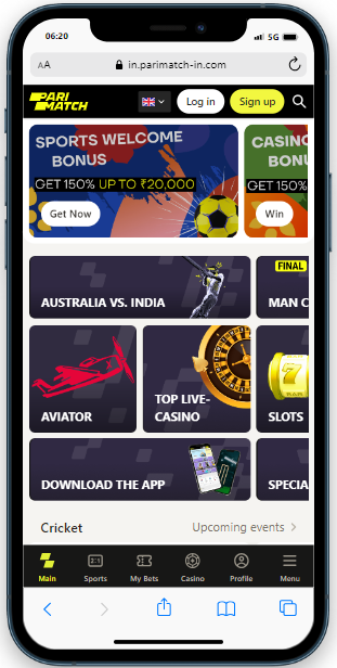 A smartphone showing games library on the Parimatch casino official website