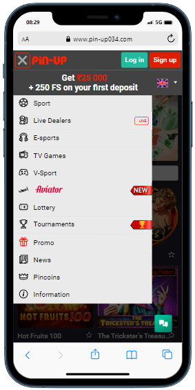 A smartphone showing burger menu of the Pin Up casino