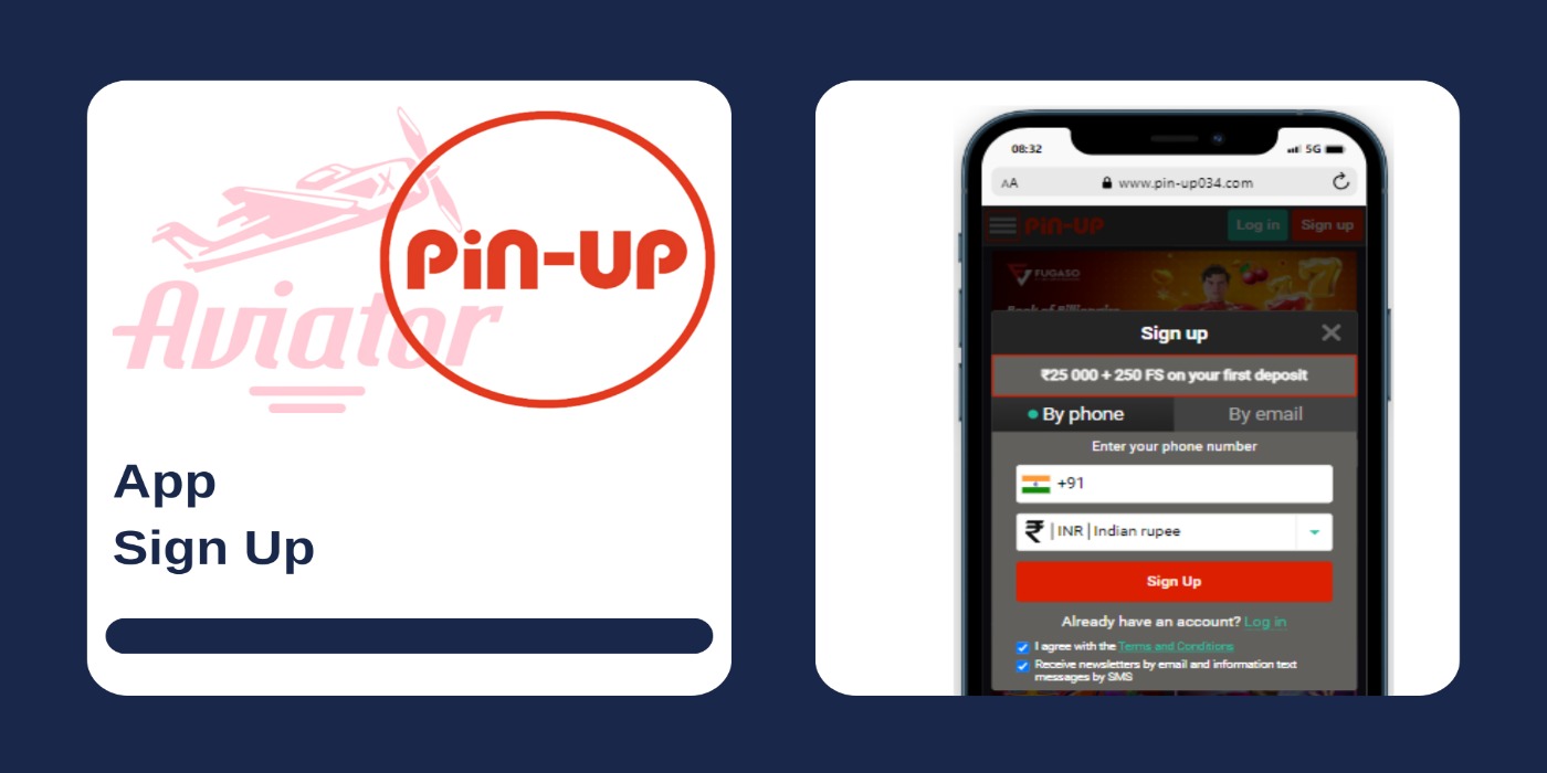 A smartphone displaying sign up form on the Pin Up site, and Aviator logo