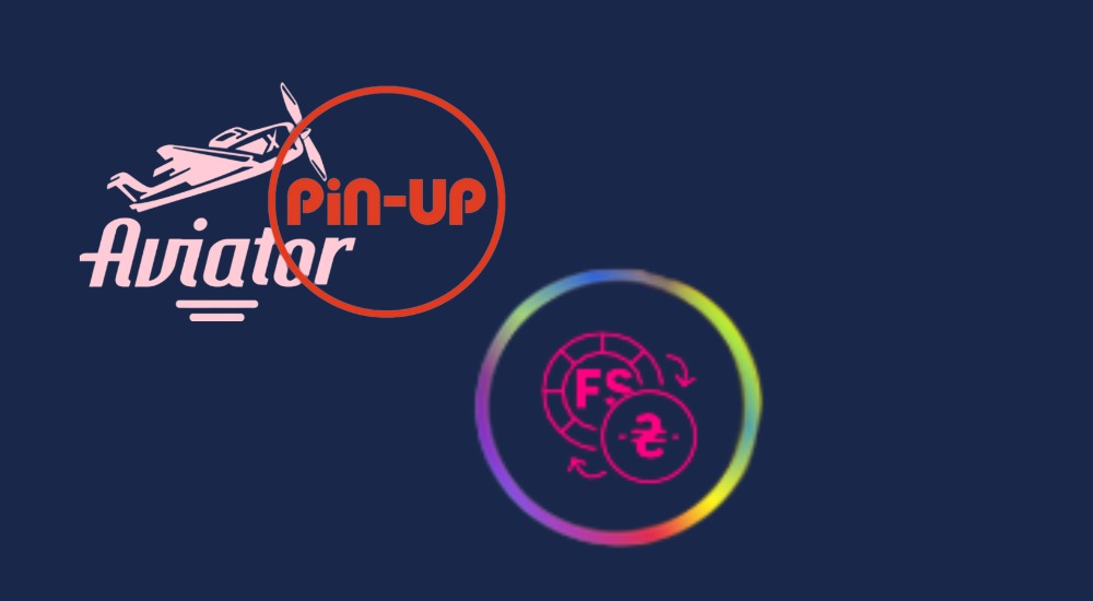 Logos of the Aviator game and Pin Up casino with icons of the chip and currency