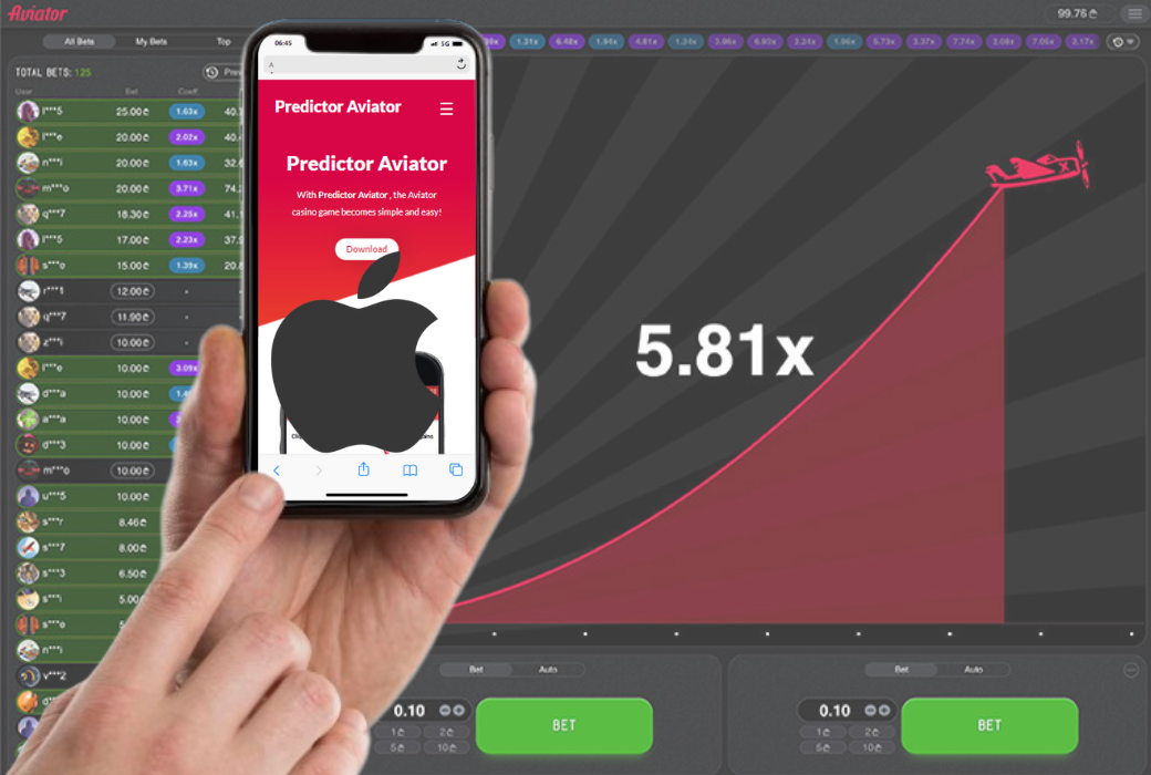 A hand holding IOS phone displaying Predictor Aviator app, and game background