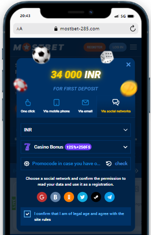 A smartphone displaying sign up form via social networks on the Mostbet casino site