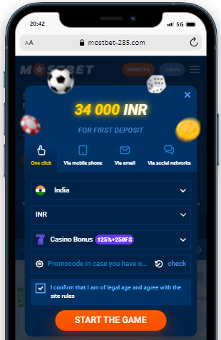 A smartphone showing registration panel via one click on the Mostbet casino site