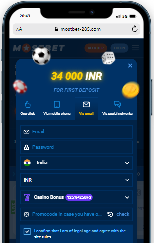 A smartphone showing registration panel via email on the Mostbet casino site