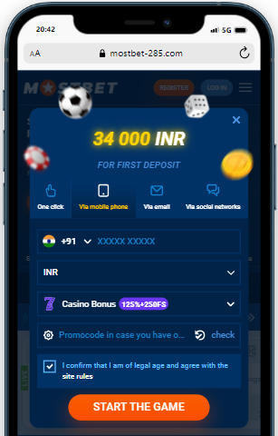 A smartphone displaying casino MostBet registration form