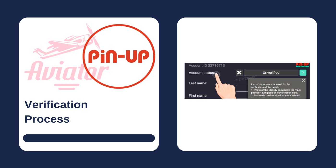 A picture of a Pin Up verification process, and Aviator game logo

