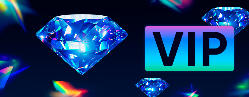 Promo banner of the 1Xbet casino with diamonds and word 'VIP' on blue background