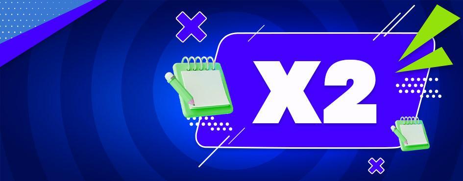 Promo banner of the 1xbet casino with notebooks, pens and an index of X2
