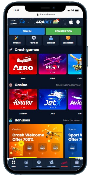 A smartphone showing games library on the 4rabet casino official site