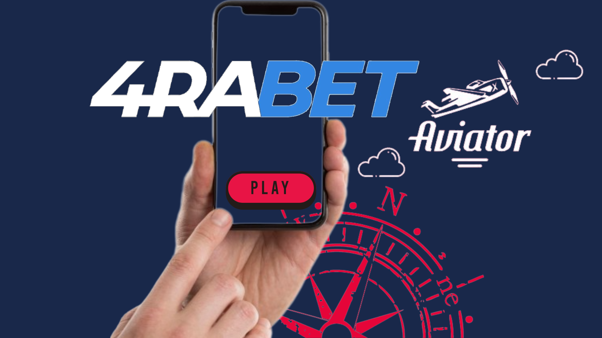 Logos of the Aviator game and 4rabet casino, and a hand holding smartphone