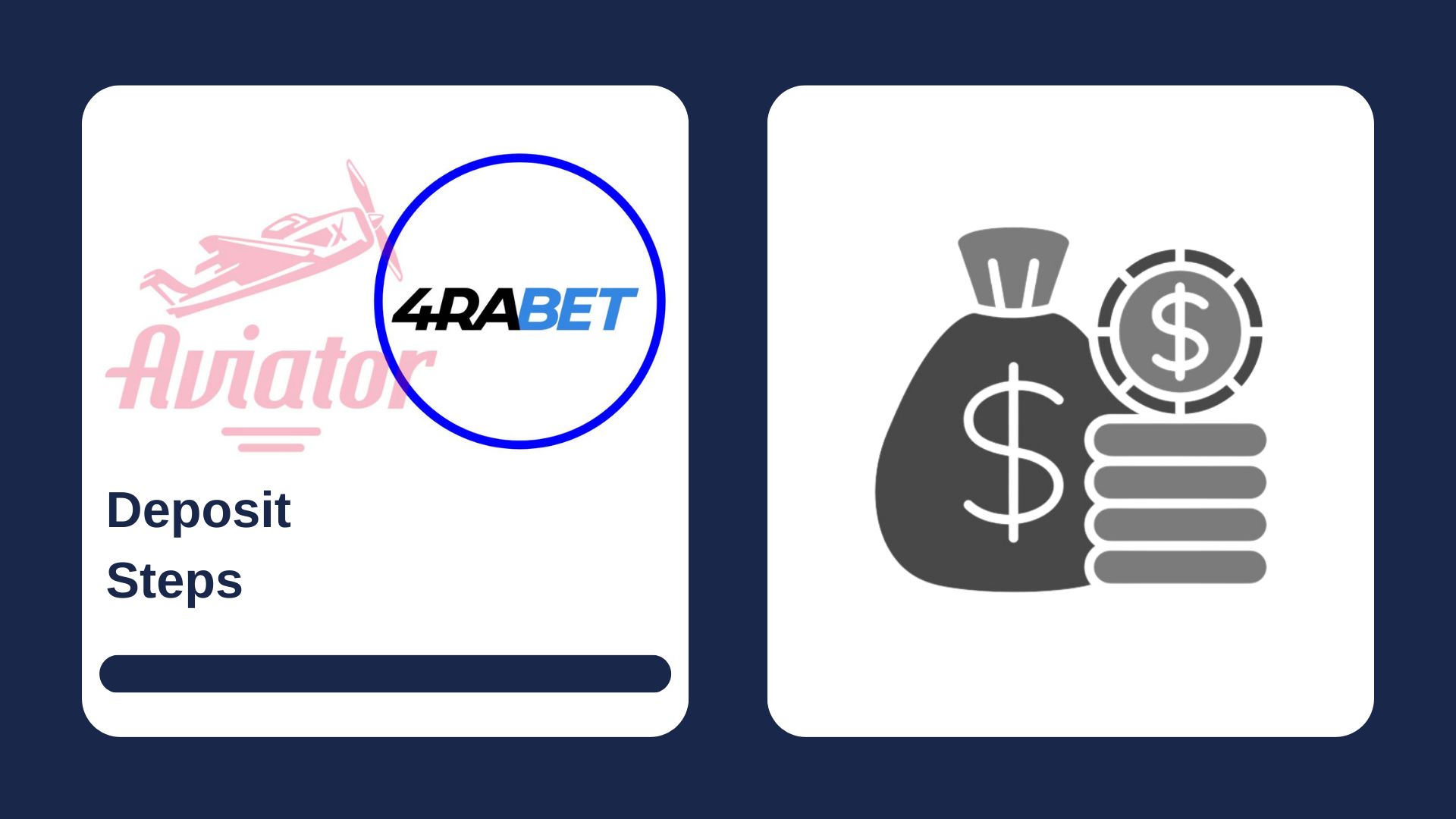 First picture showing Aviator and 4rabet logos with text, and second - deposit money icon