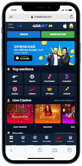 A smartphone showing home page of the 4rabet casino