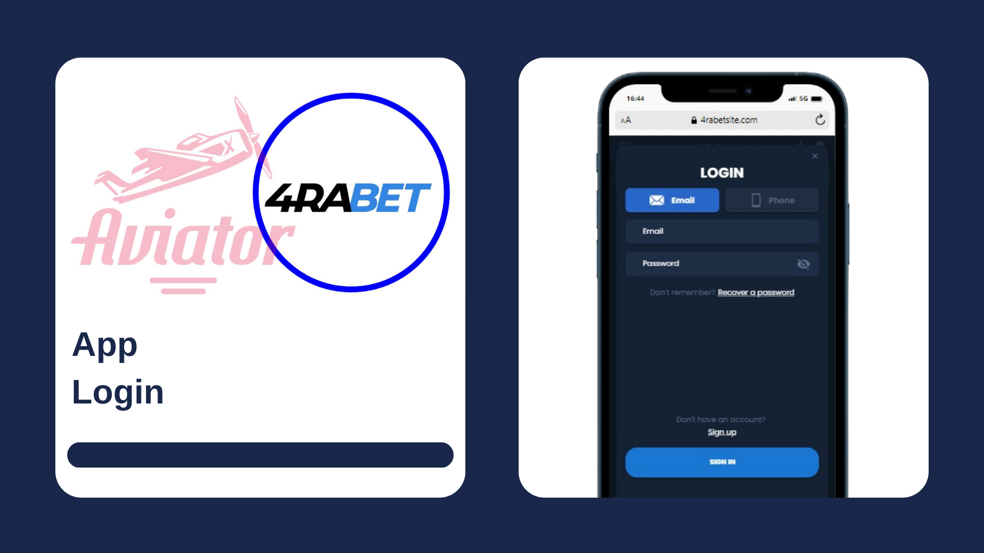A smartphone showing login form of the casino, with Aviator game and 4rabet logos