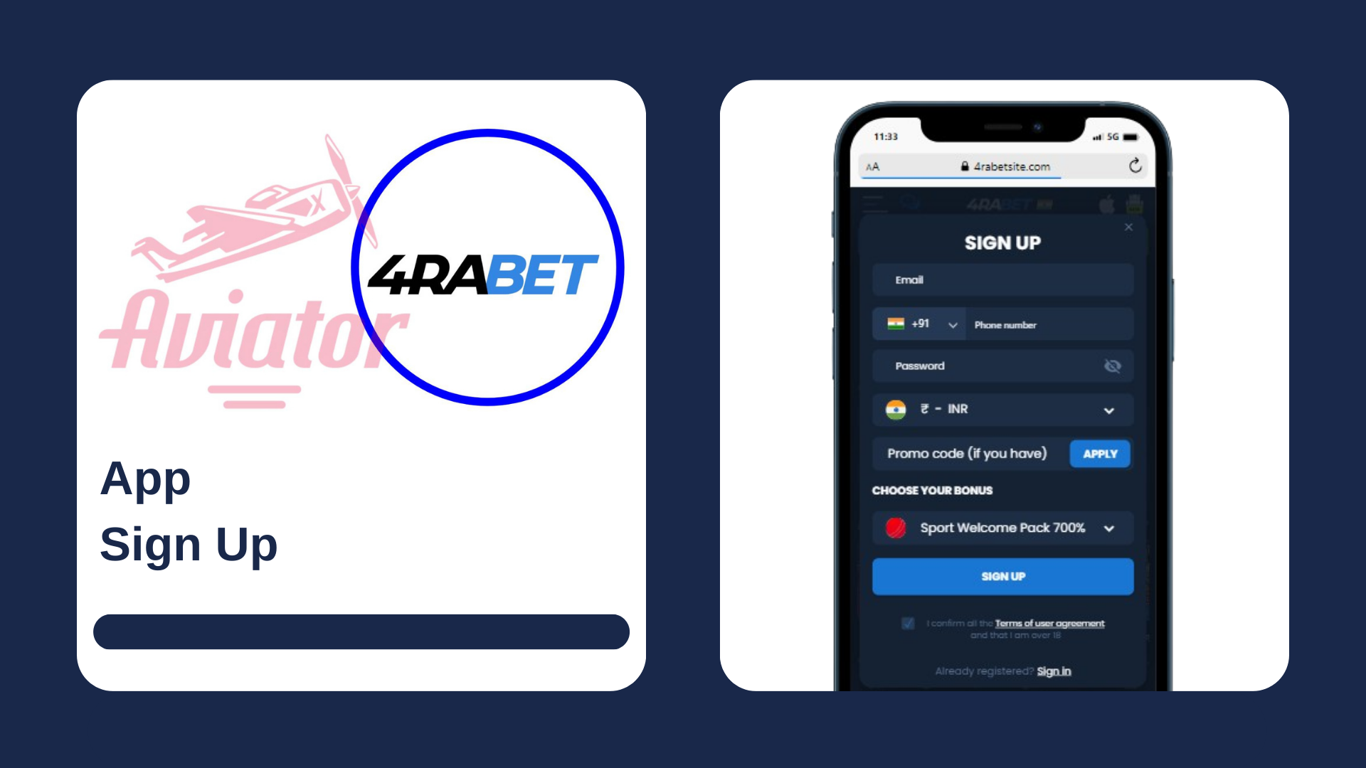 A smartphone showing sign up form of the casino, with Aviator game and 4rabet logos