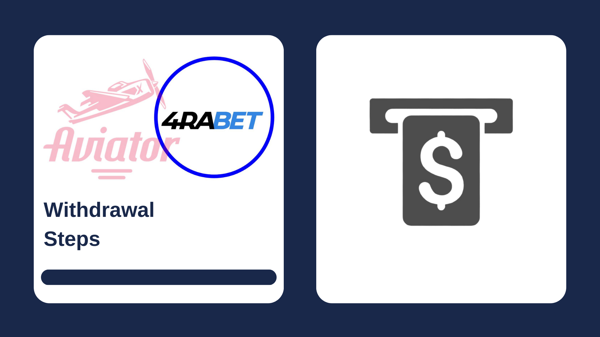 First picture showing Aviator and 4rabet logos with text, and second - withdrawal money icon
