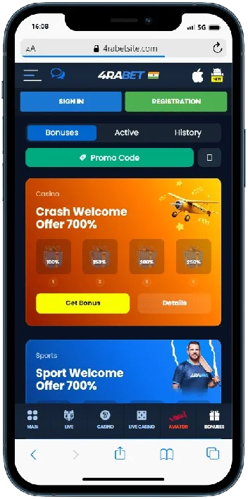 A smartphone displaying 4rabet online casino bonuses banners