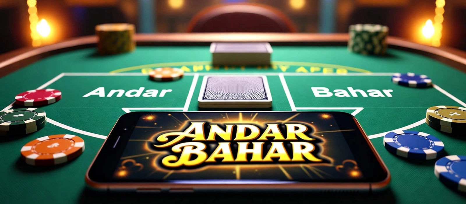 Andar Bahar – Fast Turns, Simple Bets Andar Bahar mobile game displayed on table with chips and playing cards