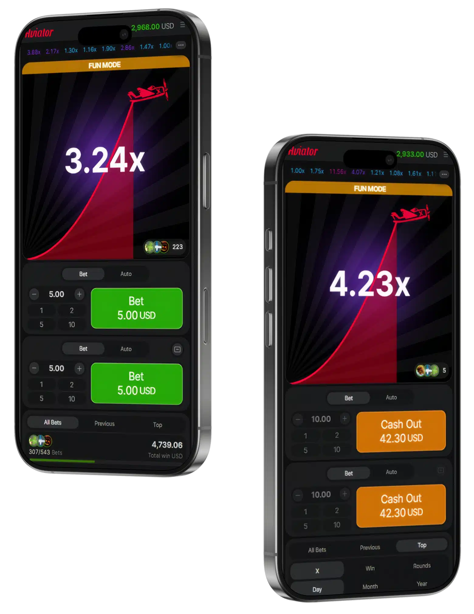 Aviator First Launc Two smartphones displaying Aviator mobile crash game bets and multipliers