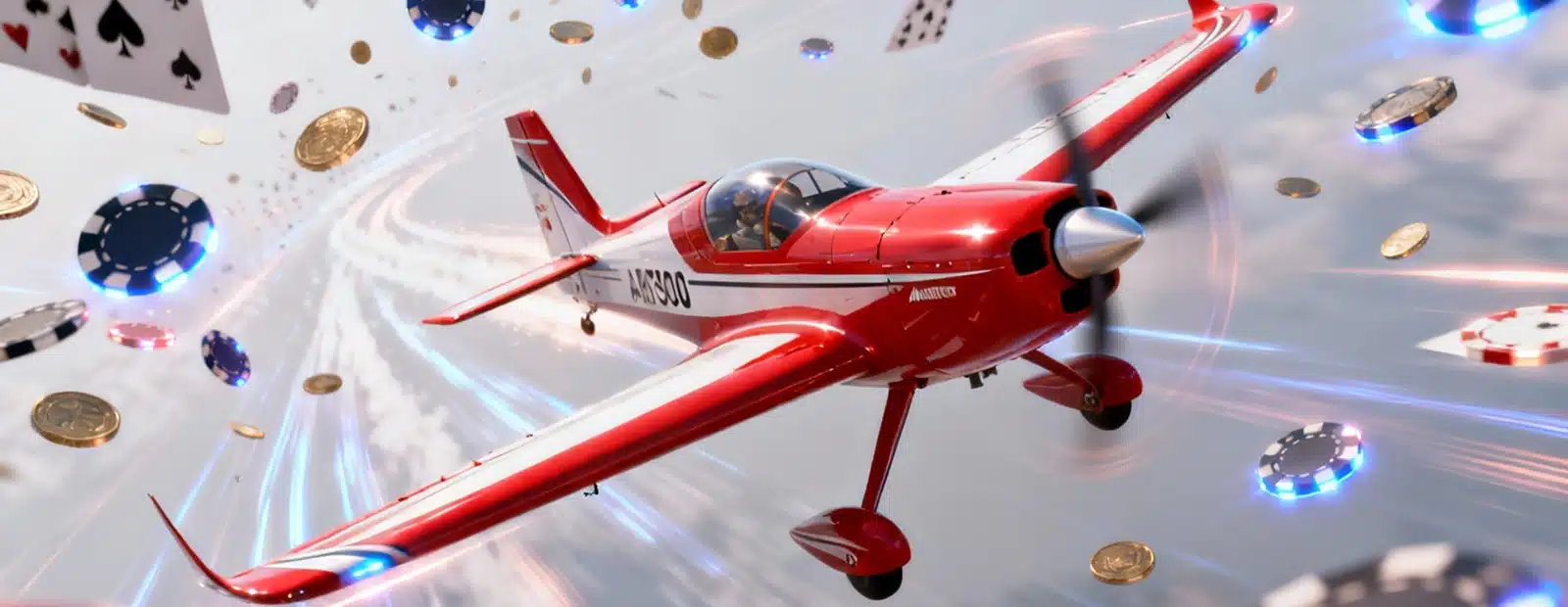 Aviator Game Version Red Aviator airplane flying through sky surrounded by casino chips