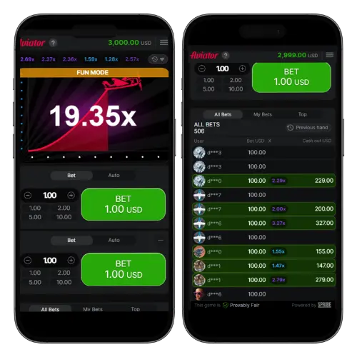 Aviator betting app and results screens