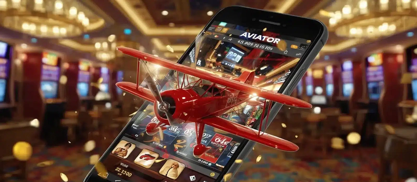 Aviator – Real-Time Risk, Fast Cashouts Red Aviator online airplane emerging from smartphone screen inside casino with flying coins