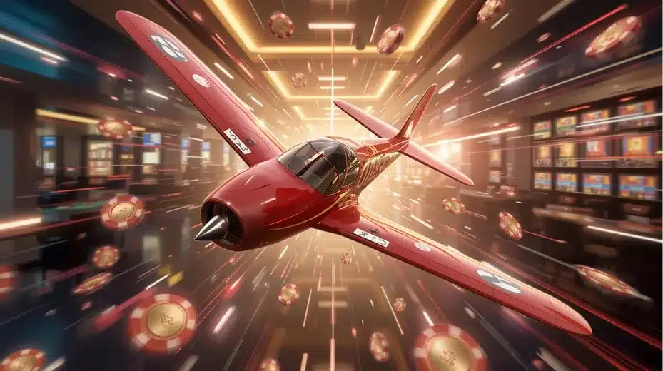 Aviator Red Aviator plane flying through glowing casino lights surrounded by flying poker chips and coins