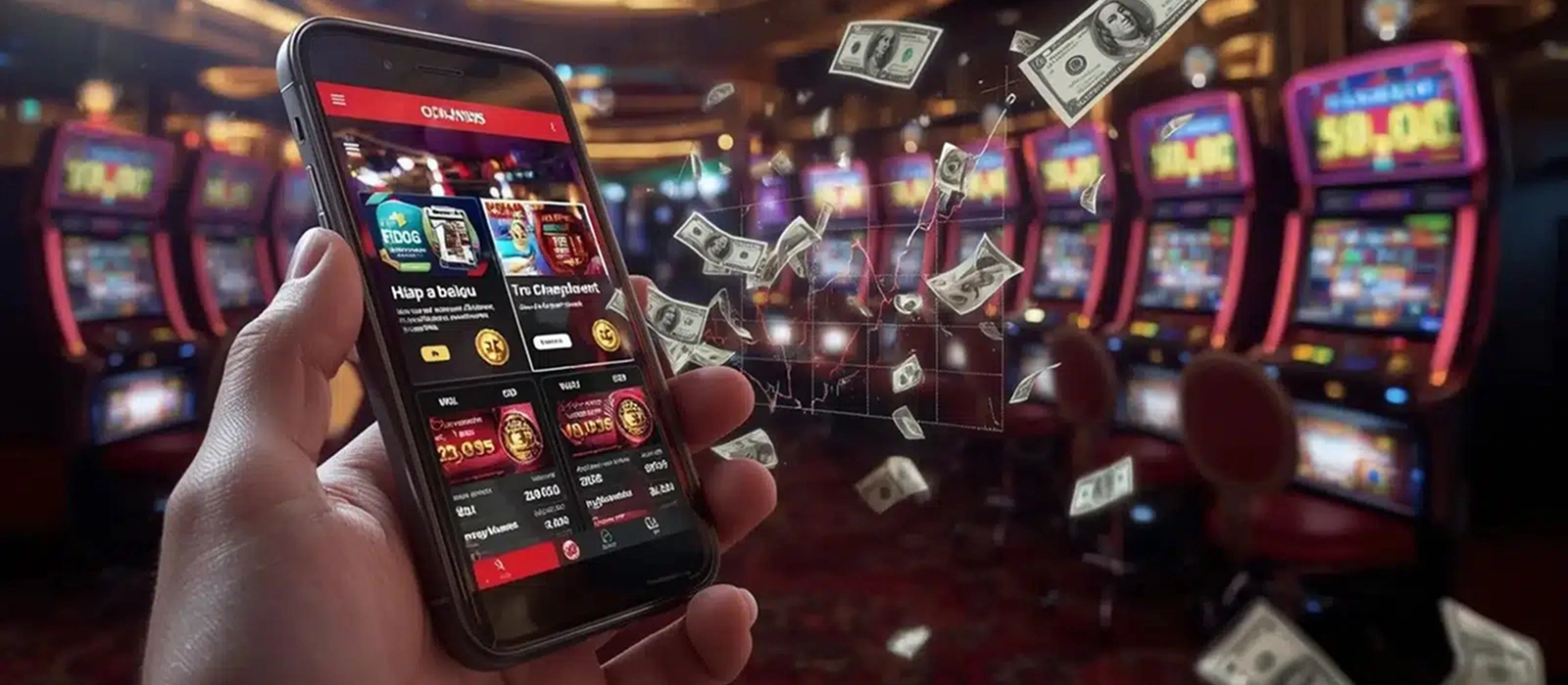 Betting Exchange in India Hand holding smartphone with casino app, slot machines and flying dollar bills