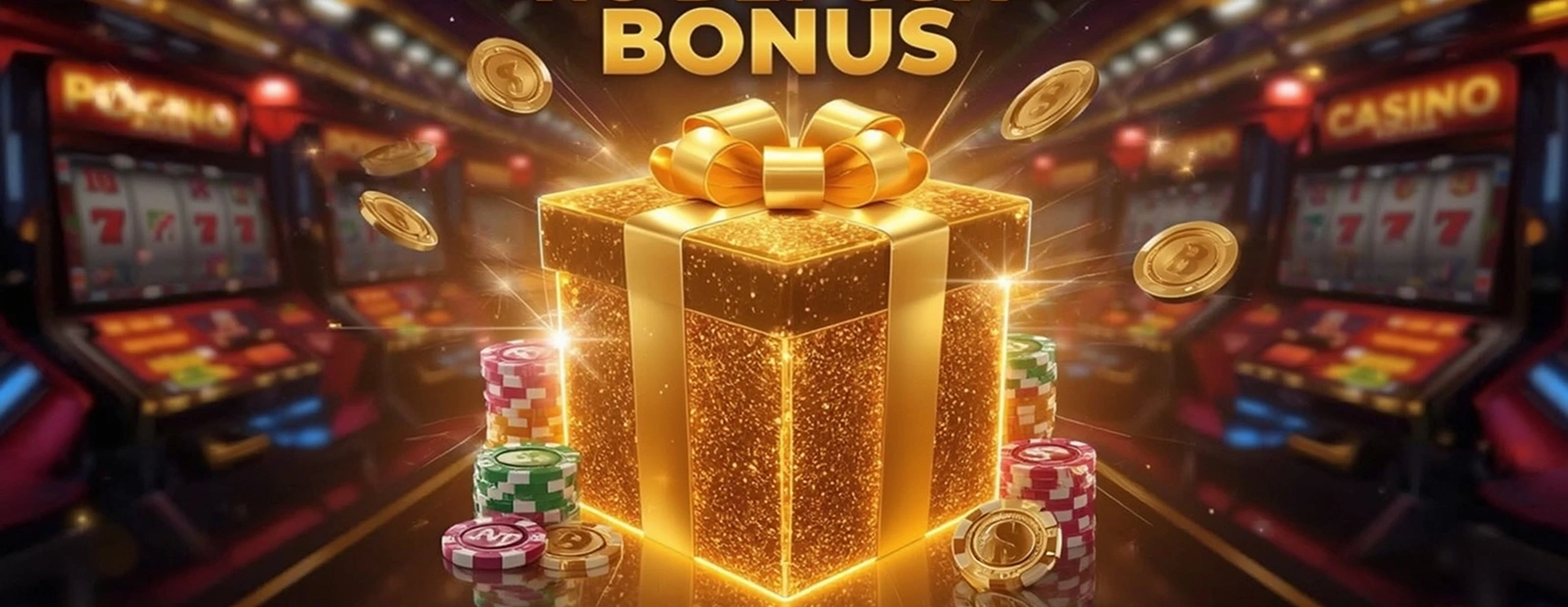 Golden bonus gift box surrounded by casino coins and slot machines in background
