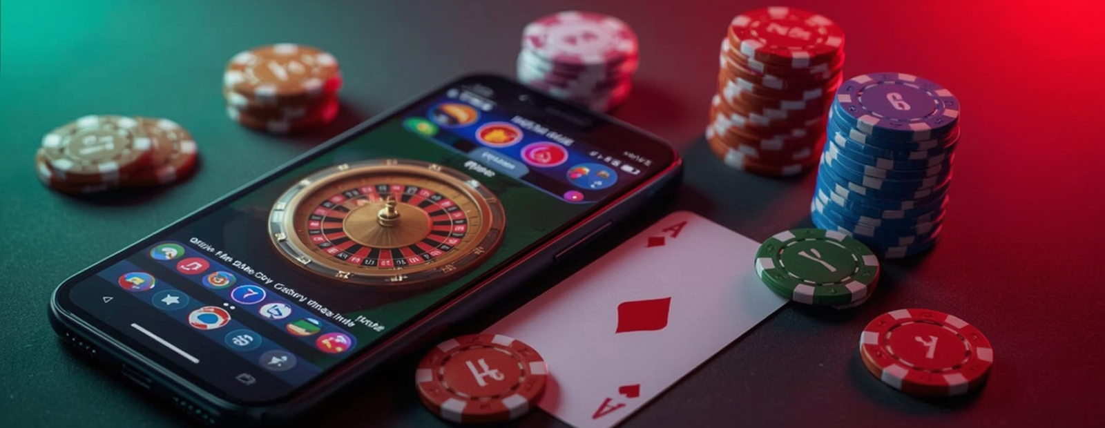 Online casino app with poker chips on casino table