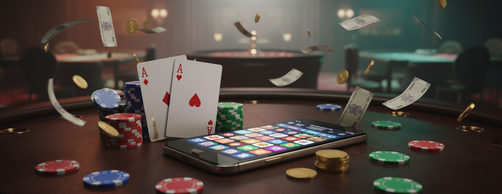 Mobile casino app with cards, chips, and money flying around table