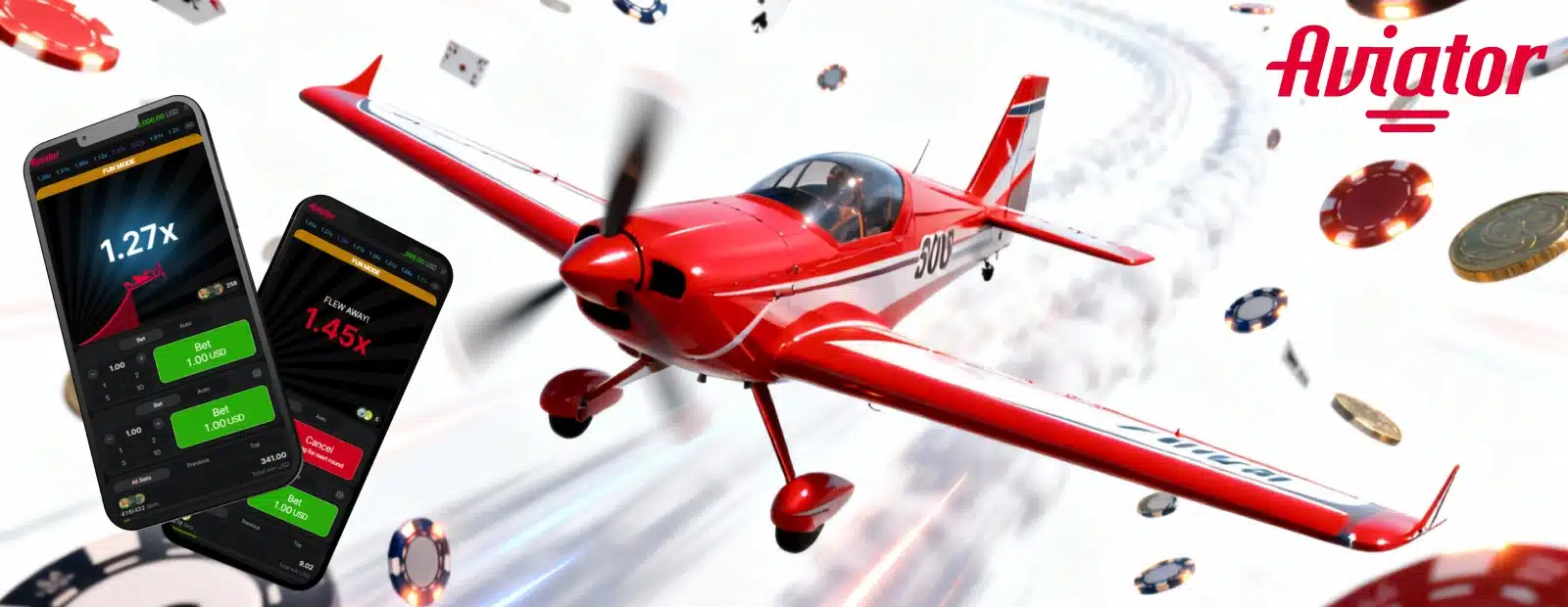 Download the Original Aviator Game Aviator mobile game interface beside red stunt plane and chips
