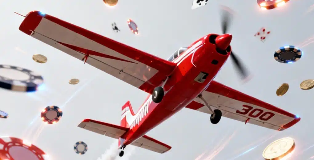 Fake Aviator Copies Rear view of Aviator plane looping upward amid coins, chips