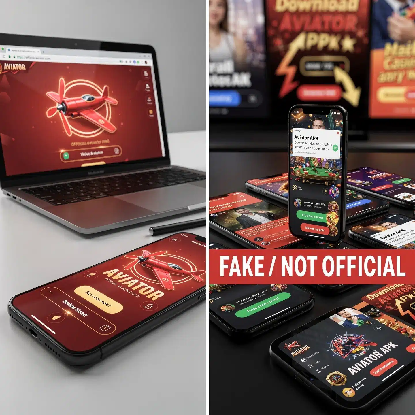Fake Aviator Downloads Comparison of genuine Aviator website and multiple fake APK apps