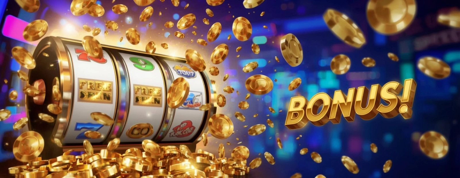 Slot machine triggering bonus round with golden flying coins