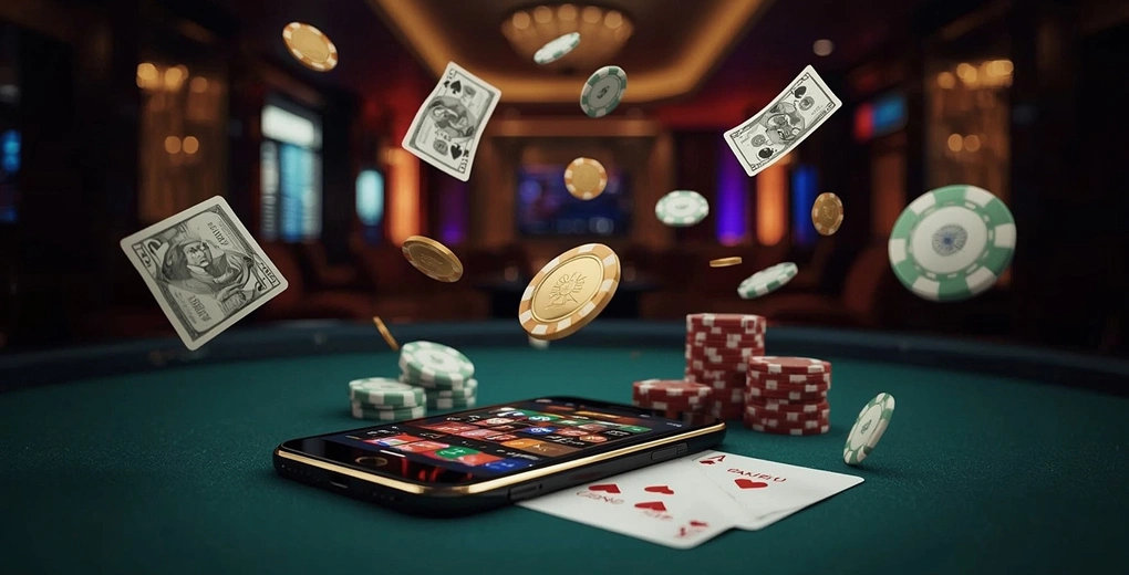 Smartphone with casino games displayed among floating chips and cash