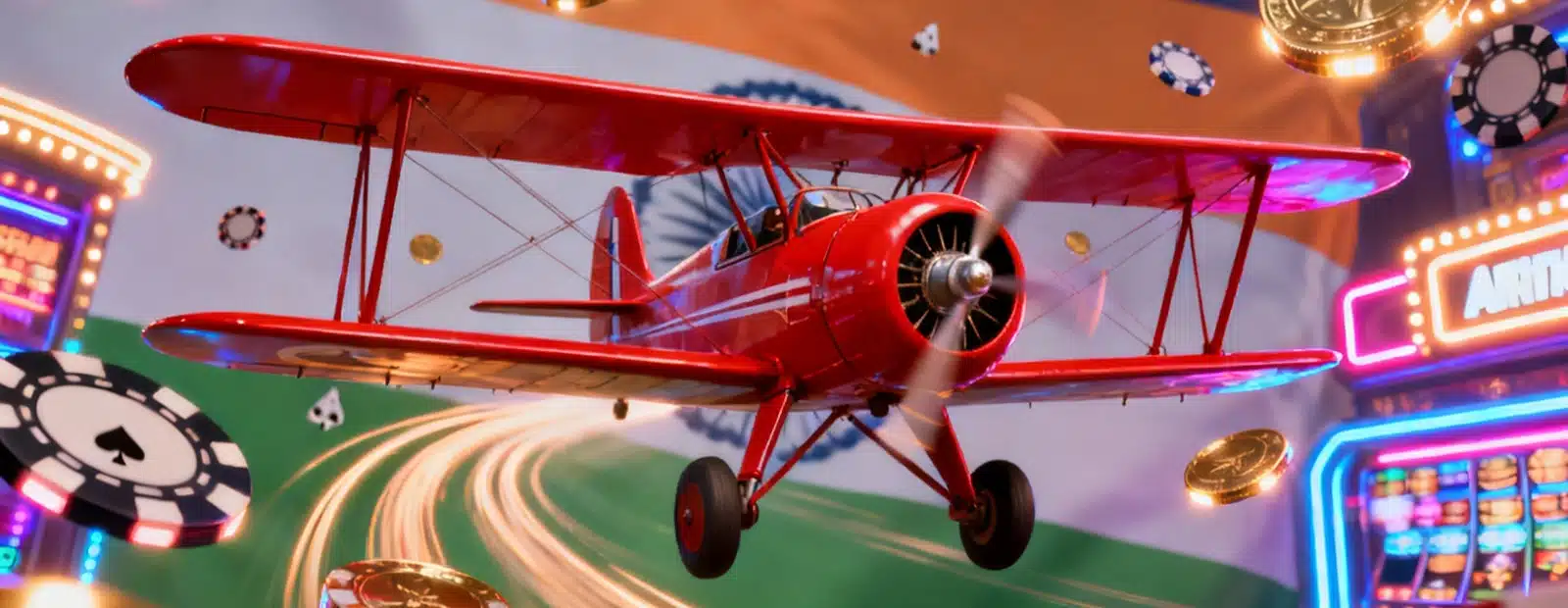 How to Download Aviator Game Red Aviator biplane flying in casino sky before Indian flag