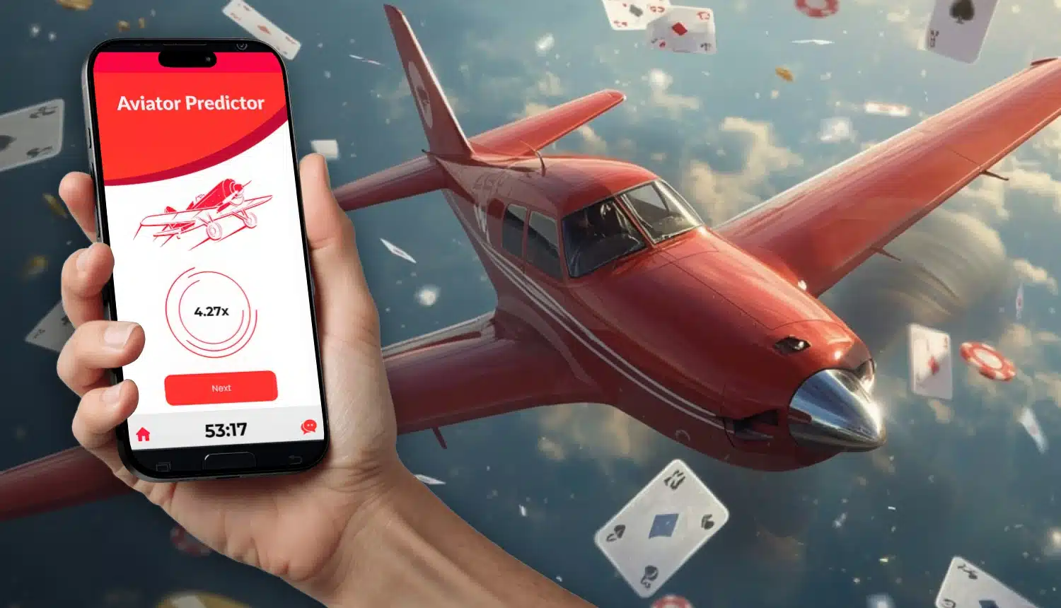 How to Predict the Aviator Game Hand holding Aviator predictor app next to red airplane in flight