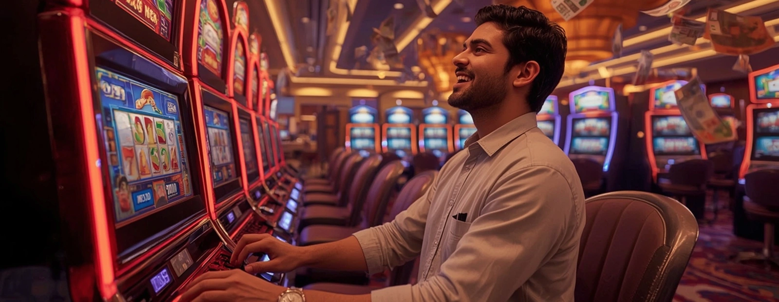 Player enjoying slot machines in lively casino atmosphere